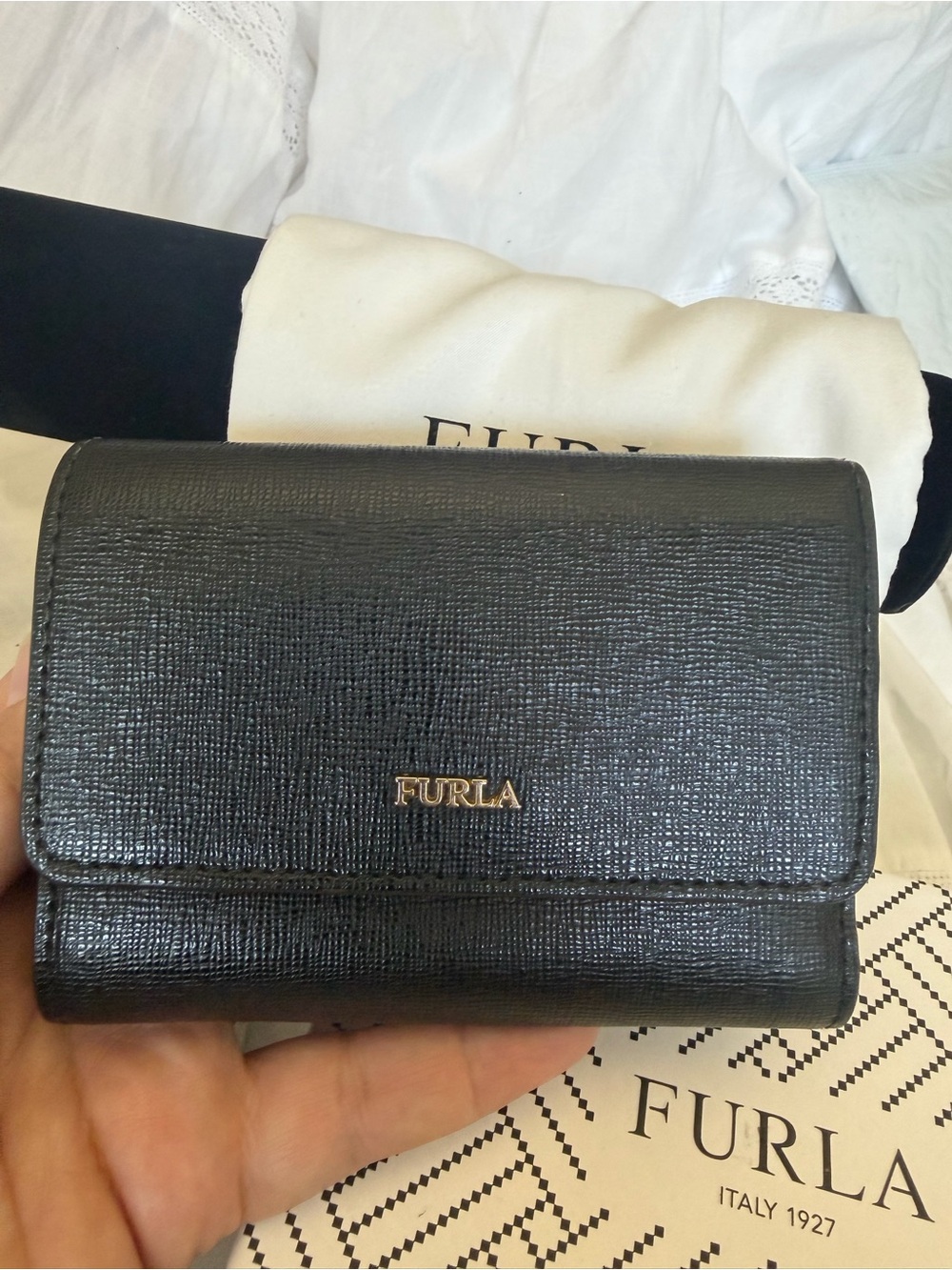 Furla Black Textured Leather Compact Wallet with Gold Logo